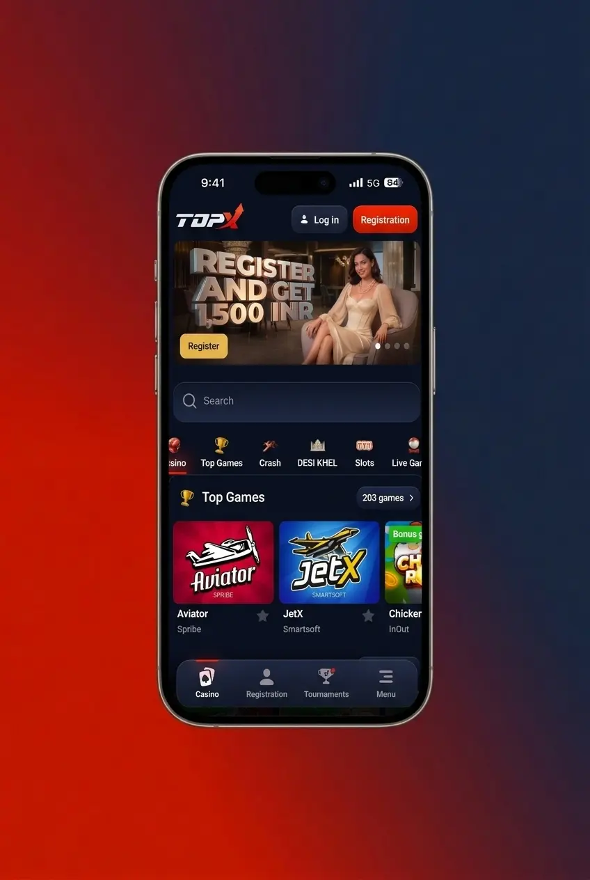 TopX mobile app promo code activation steps on Android and iOS with UPI deposit and bonus code entry screen